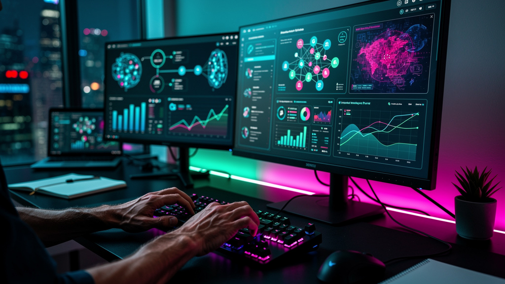 IA Empresarial: Como a Inteligência Artificial Revoluciona o Trabalho — Um close-up das mãos de um analista de dados digitando em um teclado. Na tela do computador, um agente de IA da Toolzz está proc