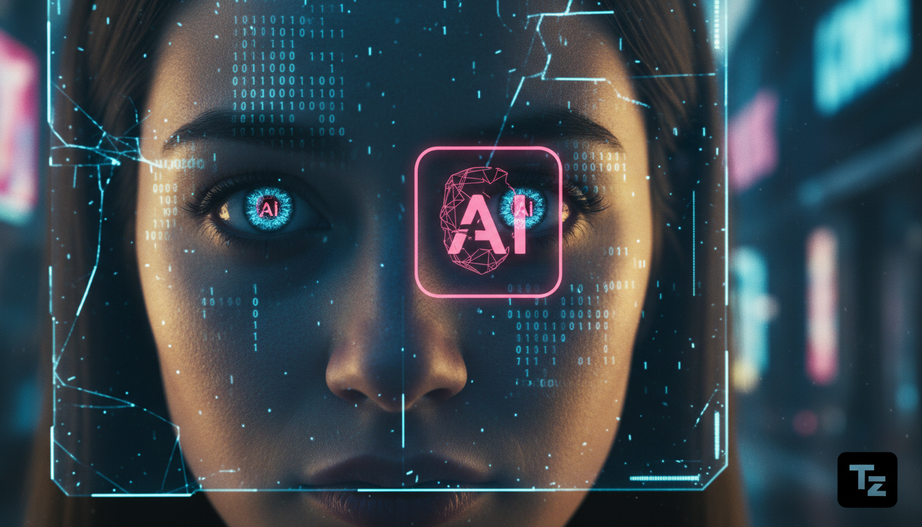 IA Flertando: Os Riscos da Intimidade Sintética na Era Digital — Close-up de um rosto humano parcialmente obscurecido por uma tela digital, com código binário sutilmente projetado na pele. A expressão