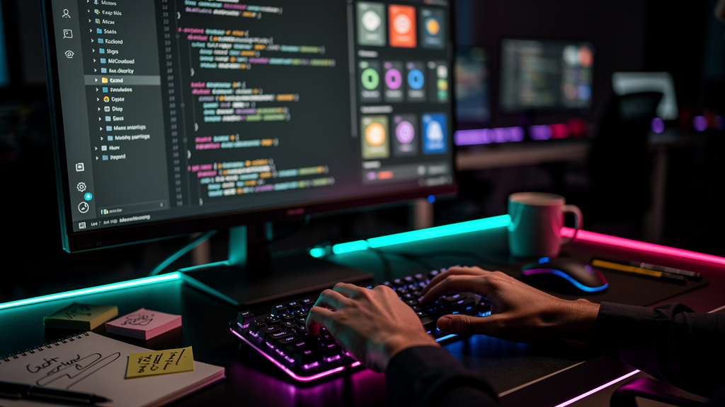 IA Generativa: Como SaaS e Startups Dominam o Google — Close-up de uma mão digitando em um teclado, com linhas de código de IA generativa fluindo na tela do computador ao fundo. Sobre a mesa, um bloco