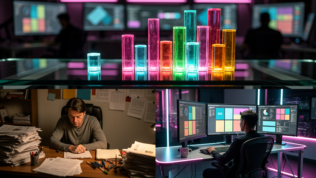 IA Generativa: de 4 a 100+ Posts/Mês para Jornalismo Digital — Um infográfico dividido em duas partes para carrossel do Instagram. Parte superior: gráfico de barras comparando a produção de conteúdo (