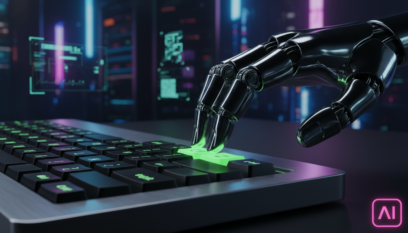 IA Generativa e a Wikipédia: Desafios e Novas Possibilidades — Um close-up dramático de um teclado de computador, com as teclas 'Ctrl+Z' (desfazer) destacadas em néon verde. Uma mão robótica paira sob