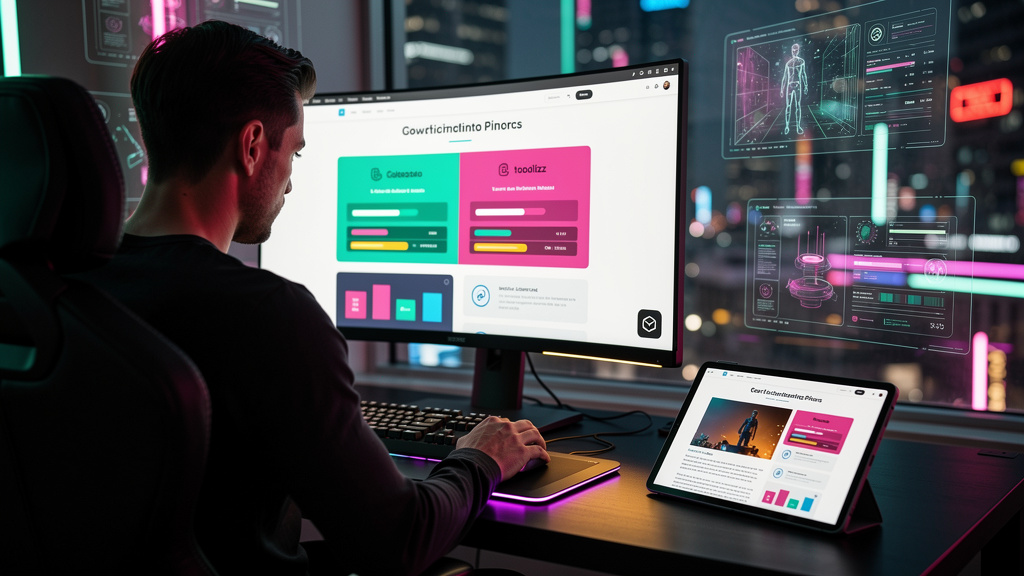 IA Generativa para Conteúdo: Toolzz vs. Ubersuggest — Um designer gráfico trabalhando em um layout de página da web com o tema da Toolzz. A tela do computador mostra um painel de controle intuitivo co