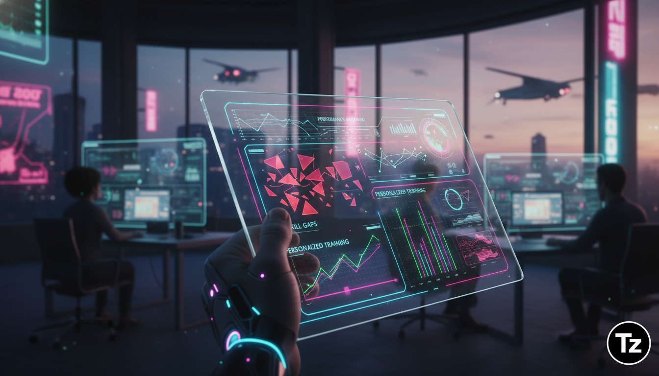 IA Generativa: Transformando a Aprendizagem no Ambiente de Trabalho — Um close-up de um tablet mostrando um painel de análise de dados de desempenho de um funcionário. O painel é gerado por IA e exibe