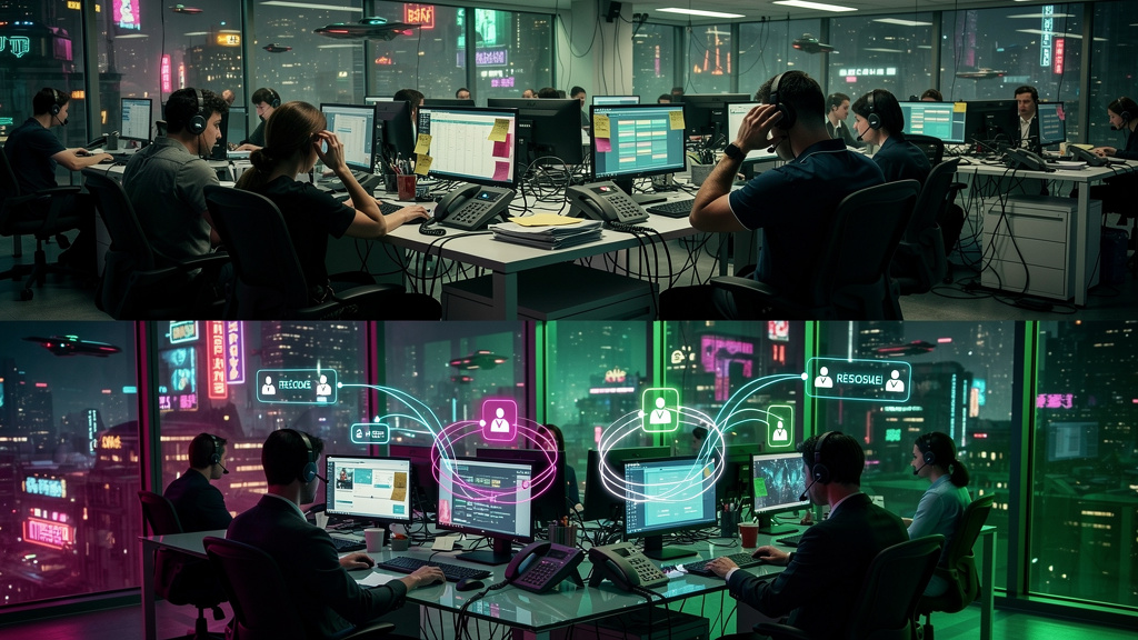 IA Ligar: O Futuro do Atendimento e Vendas por Telefone — Um diagrama infográfico dividido em duas partes (superior/inferior para carrossel Instagram). Na parte superior, um fluxograma visualmente atr