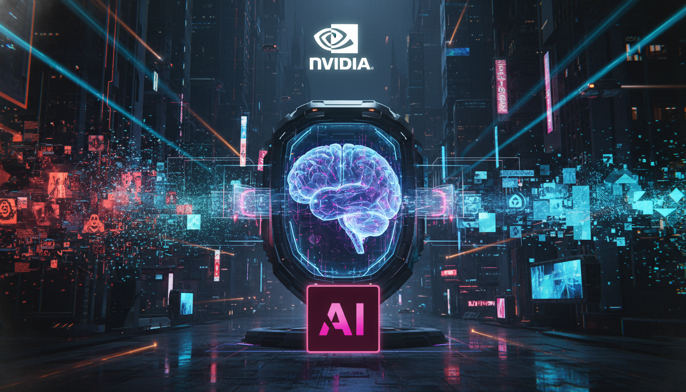 IA Multimodal: NVIDIA lança Nemotron 3 para segurança de conteúdo — Create a high-end editorial illustration in a modern flat + gradient vector style.  STYLE: Clean, geometric, semi-abstract human fig