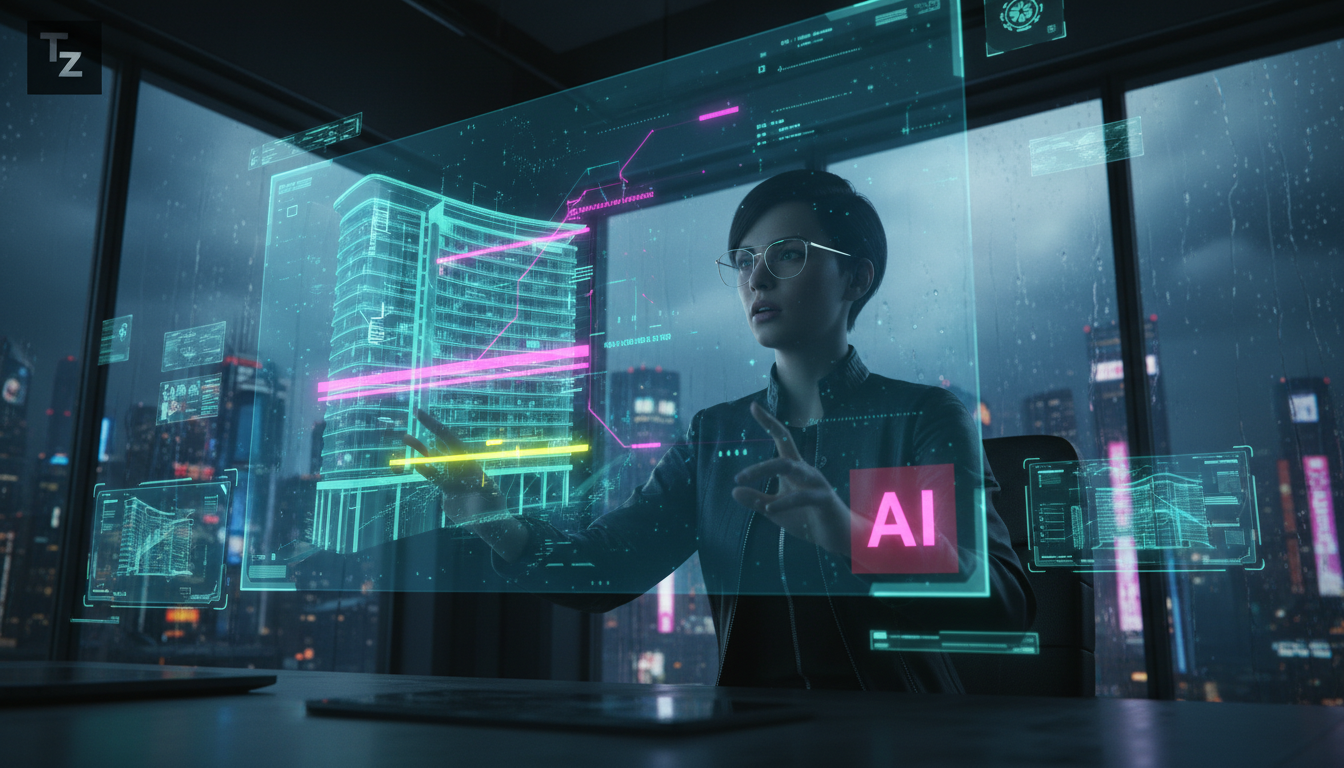 IA na Automação de Permissões de Construção: Eficiência e Conformidade — Um arquiteto analisando uma planta de construção complexa, mas em vez de papel, a planta é uma projeção holográfica interativa.