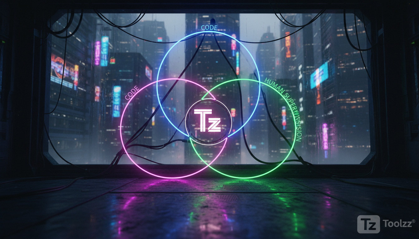 IA na Codificação: Limites e a Necessidade da Supervisão Humana — Um diagrama de Venn com três círculos sobrepostos representando 'IA', 'Código' e 'Supervisão Humana'. A interseção dos três círculos e