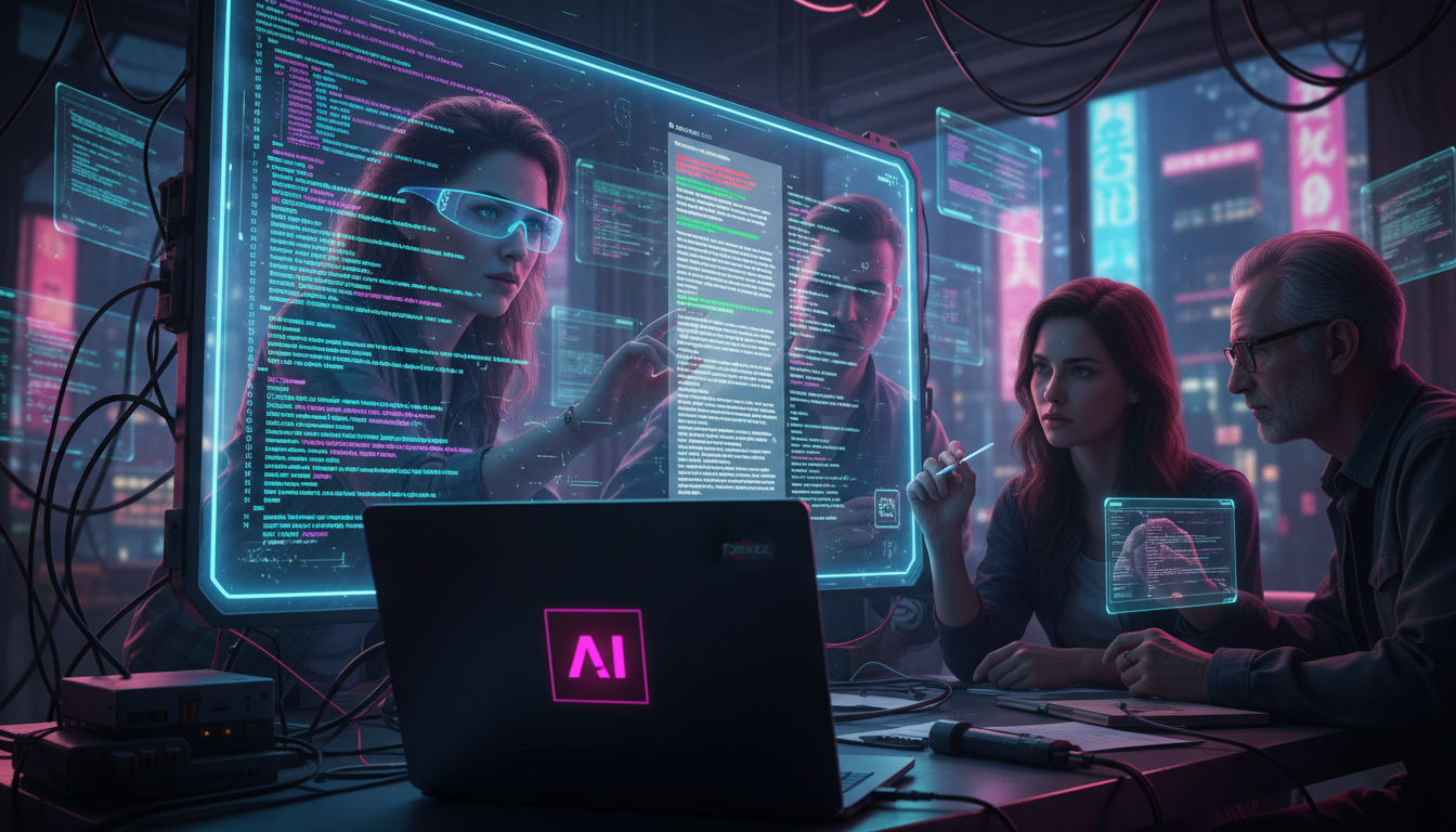 IA na Criação de Conteúdo: Lições da Wikipedia e o Futuro da Automação — Um grupo diversificado de editores da Wikipedia colaborando em uma tela gigante interativa. Metade da tela exibe o código de um