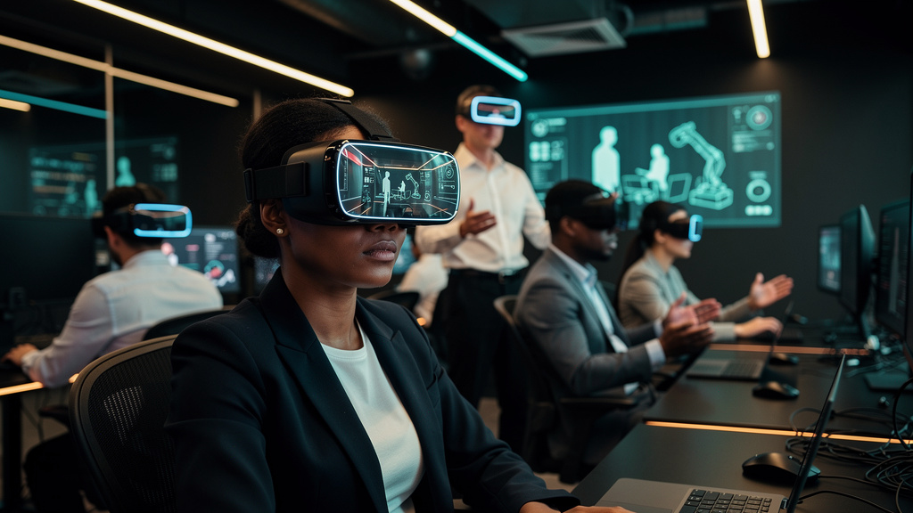 IA na Educação Corporativa: Transforme o aprendizado com a Toolzz — Um grupo diverso de colaboradores usando headsets de realidade virtual em um ambiente de treinamento imersivo. As telas dos headsets