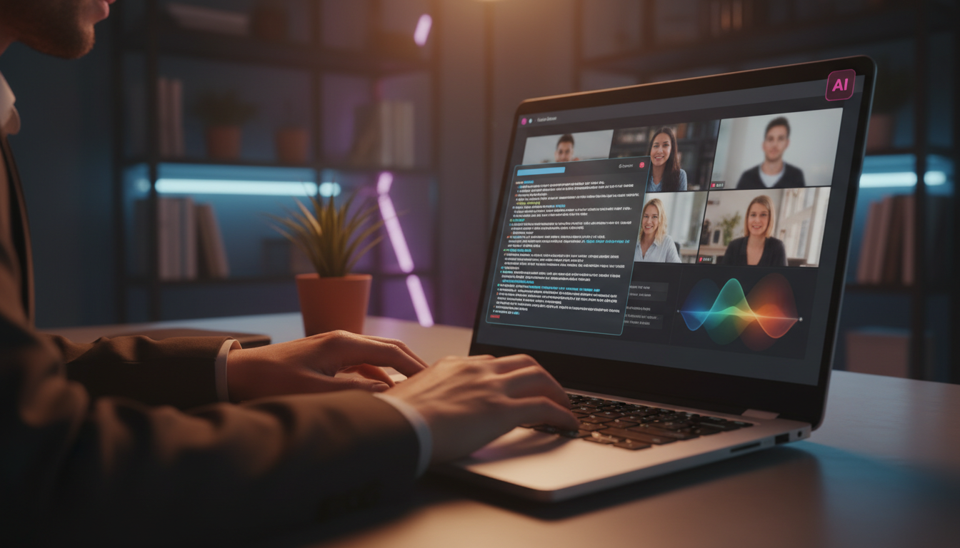 IA na Gestão Remota: Como a Inteligência Artificial Alivia a Sobrecarga de Equip — Um close-up das mãos de um profissional trabalhando em um laptop durante uma videoconferência. A tela do laptop mostr