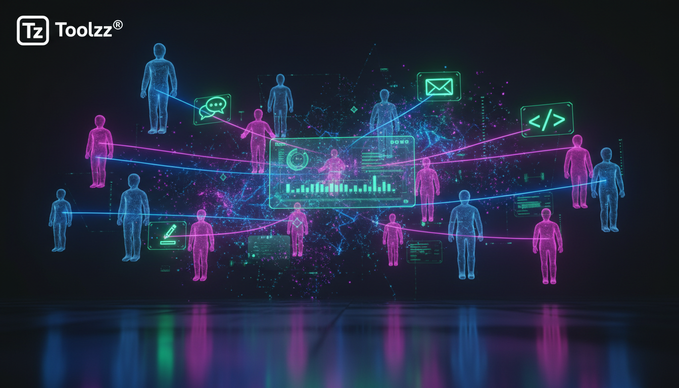 IA na Gestão Remota: Como a Inteligência Artificial Otimiza Equipes — Um grupo de avatares diversos flutuando em um espaço de trabalho virtual 3D estilizado. Cada avatar está conectado a diferentes íc