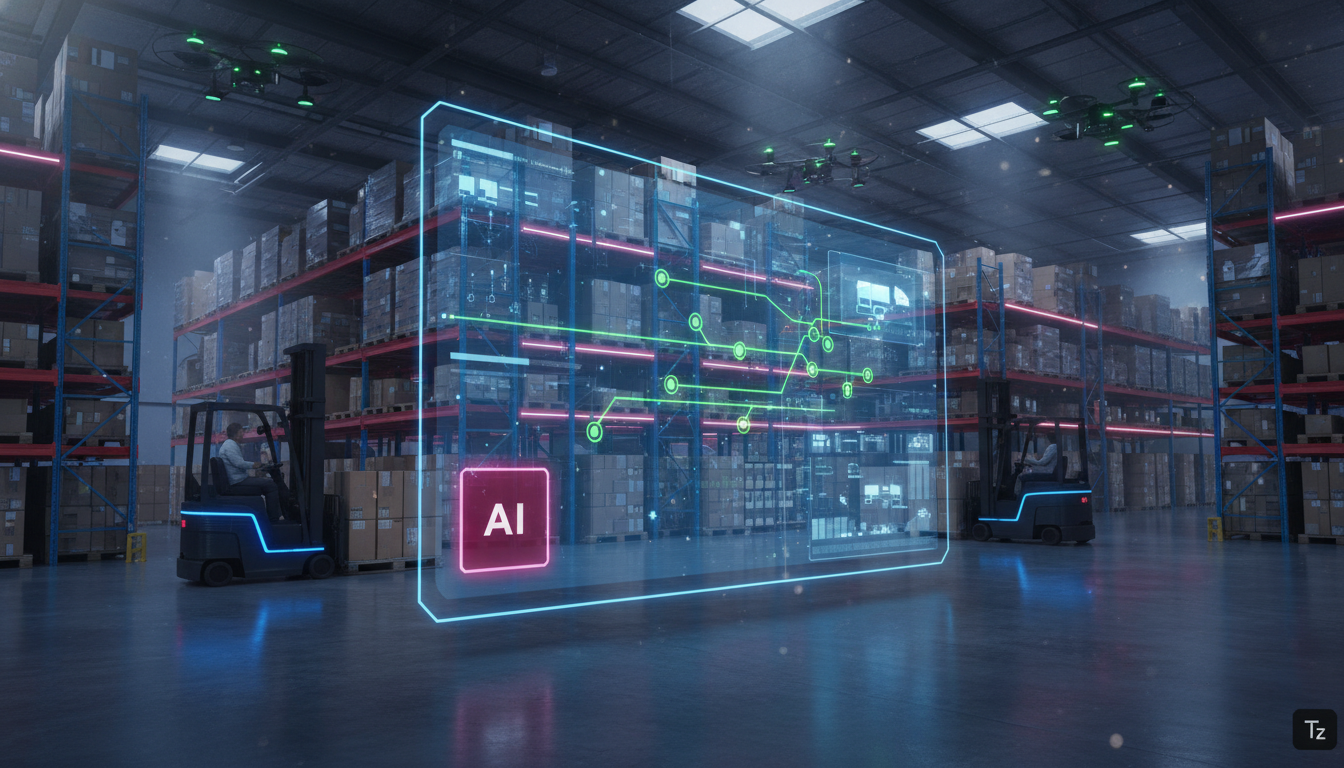 IA na Logística: Como a Inteligência Artificial Otimiza o Rastreamento de Cargas — Um armazém de grande porte, com empilhadeiras autônomas movendo caixas. Uma tela holográfica exibe dados de rastreame