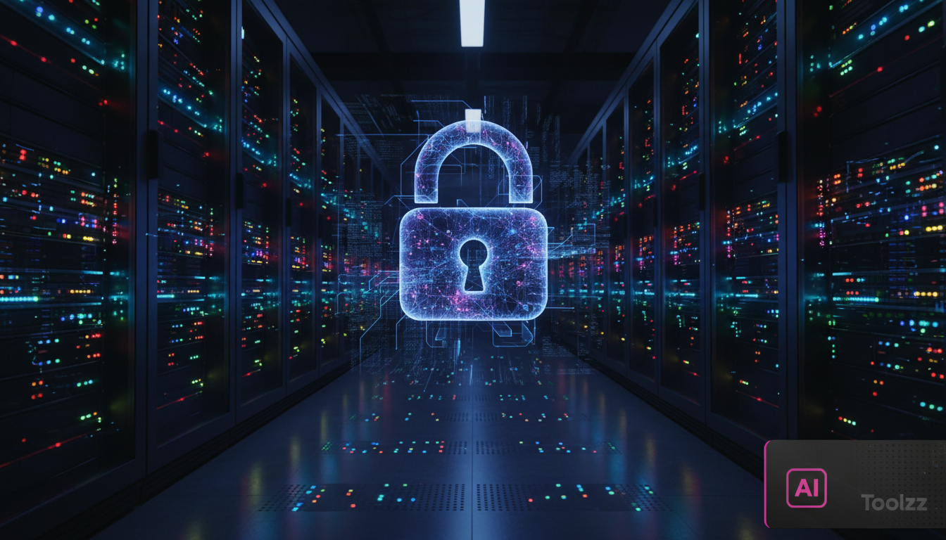 IA na Segurança: Proteção Inteligente para Empresas e Lares — Um data center moderno e escuro com fileiras de servidores piscando com luzes LED coloridas. Uma projeção holográfica de um cadeado comple