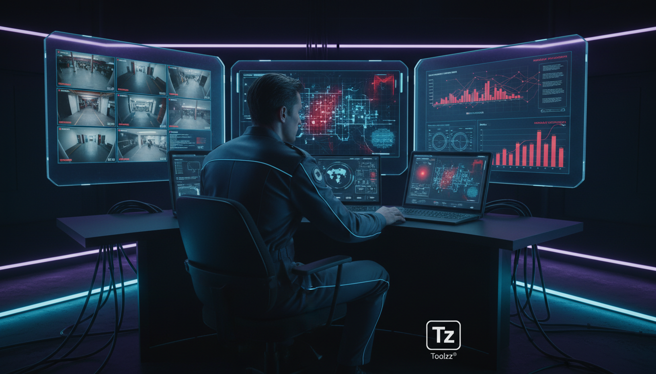 IA na Segurança: Protegendo Empresas e Lares — Um painel de controle futurista em uma central de segurança de uma empresa. Vários monitores exibem feeds de vídeo de câmeras de segurança, análise de da
