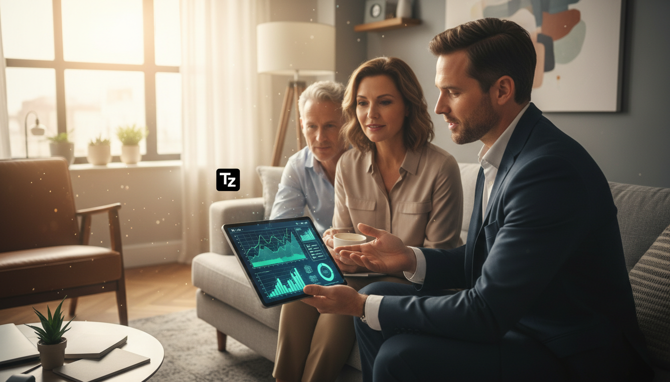 IA não substituirá conselheiros financeiros, afirma Edward Jones — Um consultor financeiro da Edward Jones, usando um tablet com a interface da Toolzz exibindo dados financeiros complexos, explica as 