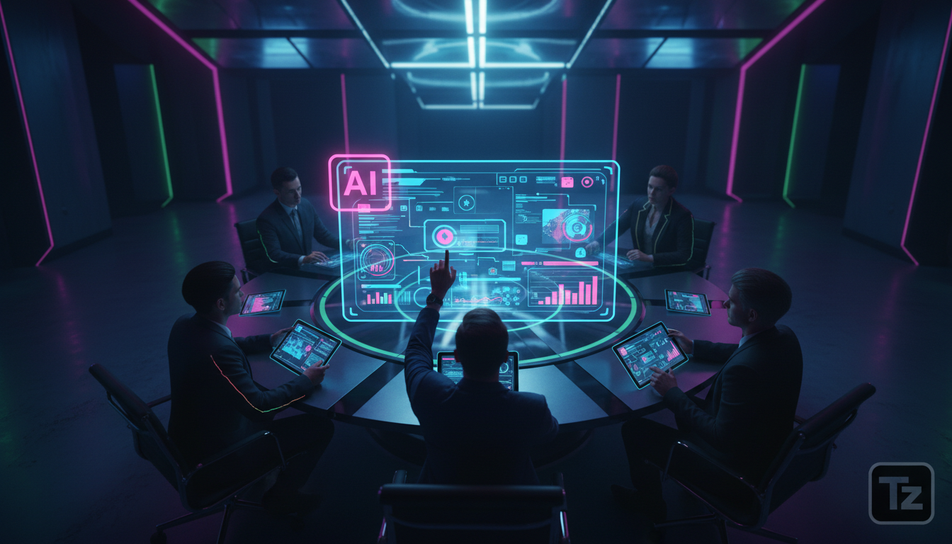 IA nas Empresas: A Importância Crucial da Formação Qualificada — Visão aérea de uma sala de reunião corporativa com uma mesa redonda. Vários profissionais estão envolvidos em uma simulação de tomada d