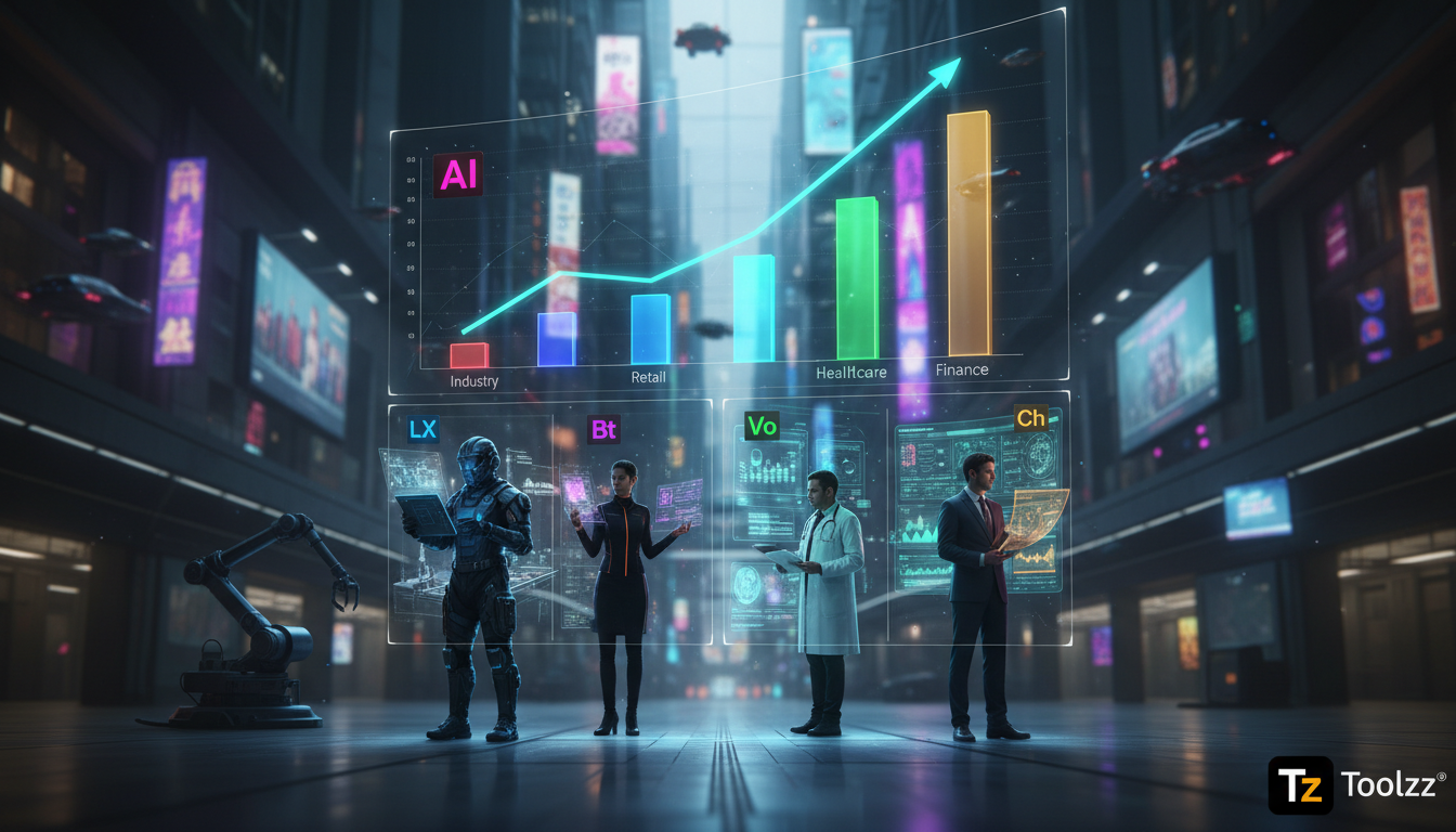 IA nas Empresas: A Importância da Formação Contínua — Um diagrama infográfico dividido horizontalmente. Parte superior: gráfico de barras mostrando o crescimento exponencial da adoção de IA em diferen