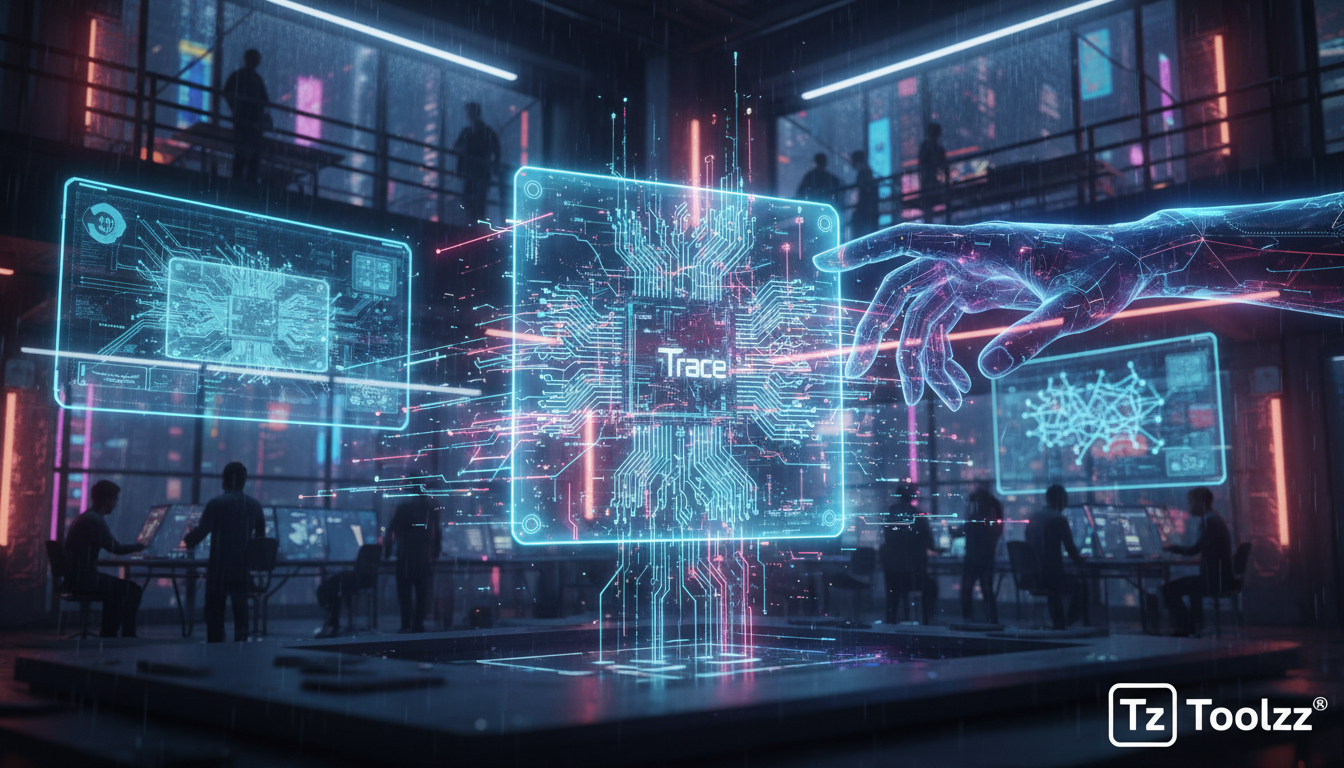 IA Nativa Revoluciona o Design de PCBs com a Trace — Create a high-end editorial illustration in a modern flat + gradient vector style.  STYLE: Clean, geometric, semi-abstract human figures with minim