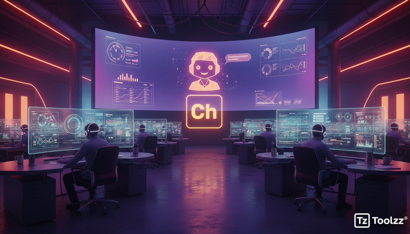 IA no Atendimento e Educação Corporativa: O Futuro é Agora — Um call center vibrante com agentes de atendimento ao cliente utilizando headsets futuristas. Telas exibem dados de clientes e análises em 