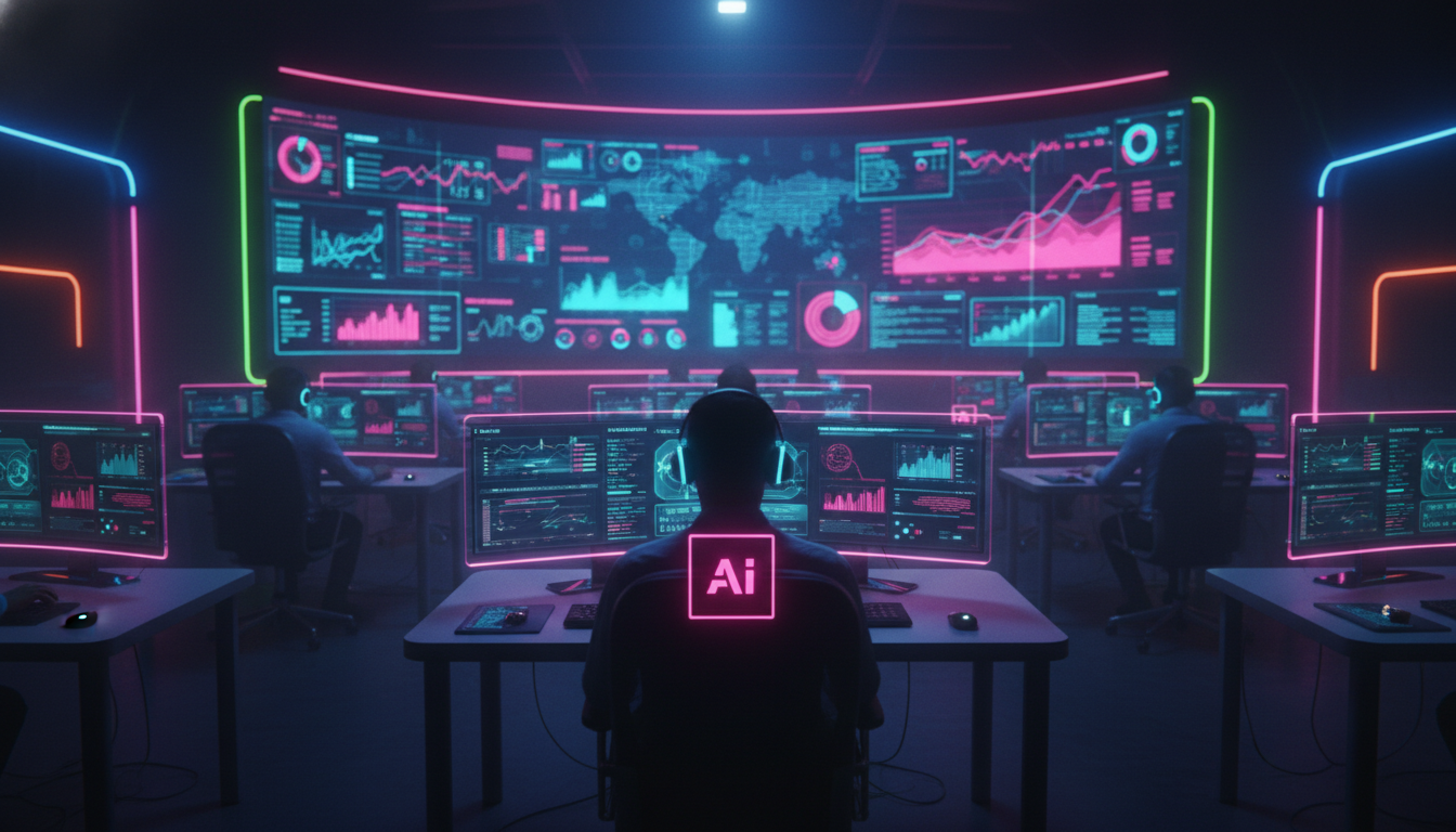 IA no Atendimento: Transforme a Experiência do Cliente — Um call center moderno e movimentado, com agentes usando headsets e trabalhando em computadores. Em uma tela grande ao fundo, um dashboard most