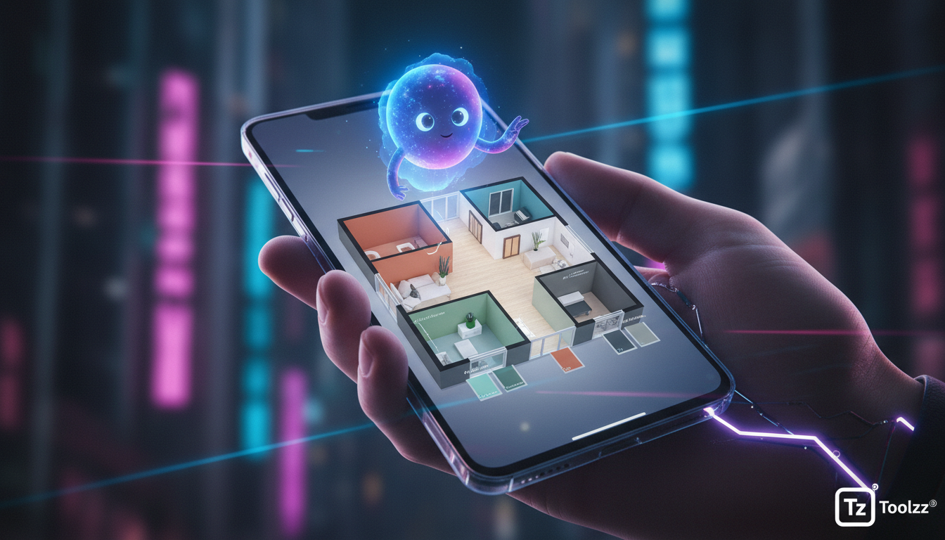 IA no Dia a Dia: Como a Inteligência Artificial Simplifica Tarefas e Impulsiona  — Close-up, uma mão segurando um smartphone exibindo uma planta baixa de uma casa com opções de cores de parede geradas