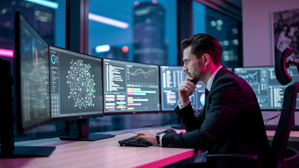 IA no Direito: Como Agentes Inteligentes Transformam a Prática Jurídica — Um advogado trabalhando em um escritório moderno e minimalista, cercado por telas que exibem complexas análises de dados e grá