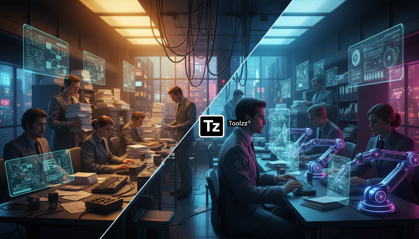 IA no Governo: Como Agentes Inteligentes Transformarão os Serviços Públicos — Um diagrama visual que mostra um fluxo de trabalho otimizado em uma agência governamental. Em um lado, funcionários sobrec