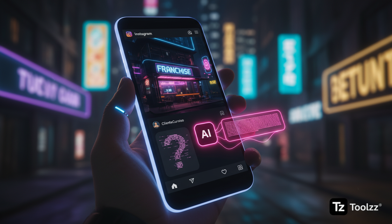 IA no Instagram: 7 Estratégias para Franquias em 2026 — Um close-up de um smartphone exibindo uma notificação do Instagram. A notificação mostra um comentário de um cliente perguntando sobre preços. U