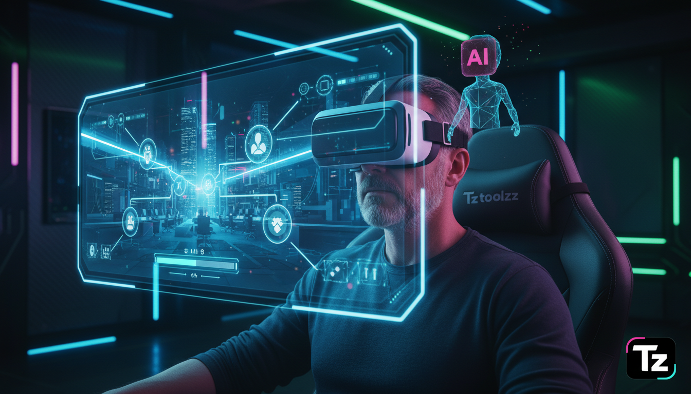 IA no PlayStation: Lições para a Educação Corporativa — Um instrutor de treinamento corporativo usando óculos de realidade virtual, imerso em um ambiente de simulação de jogo que replica um cenário de