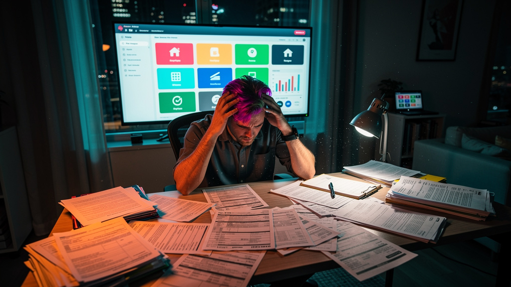 IA no Property Management: Simplifique a Gestão Imobiliária — Um proprietário de mãos dadas à cabeça, rodeado por papéis de contas e contratos de locação. Uma tela de computador ao fundo exibe uma int