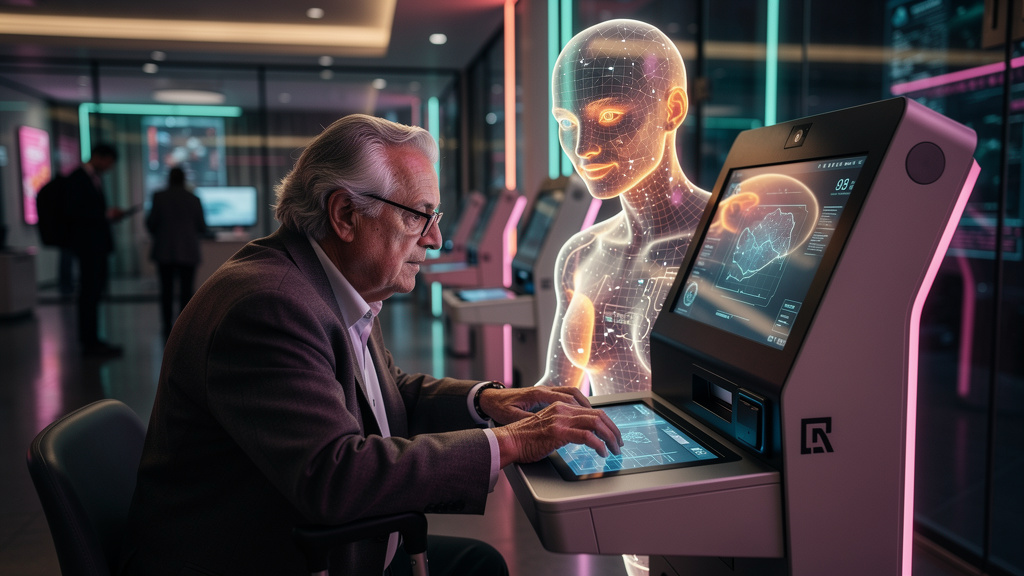 IA no Setor Financeiro: Como Transformar Atendimento e Vendas — Um agente de IA em forma de avatar amigável atendendo um cliente idoso em um terminal bancário moderno. O avatar da IA exibe o logo da T