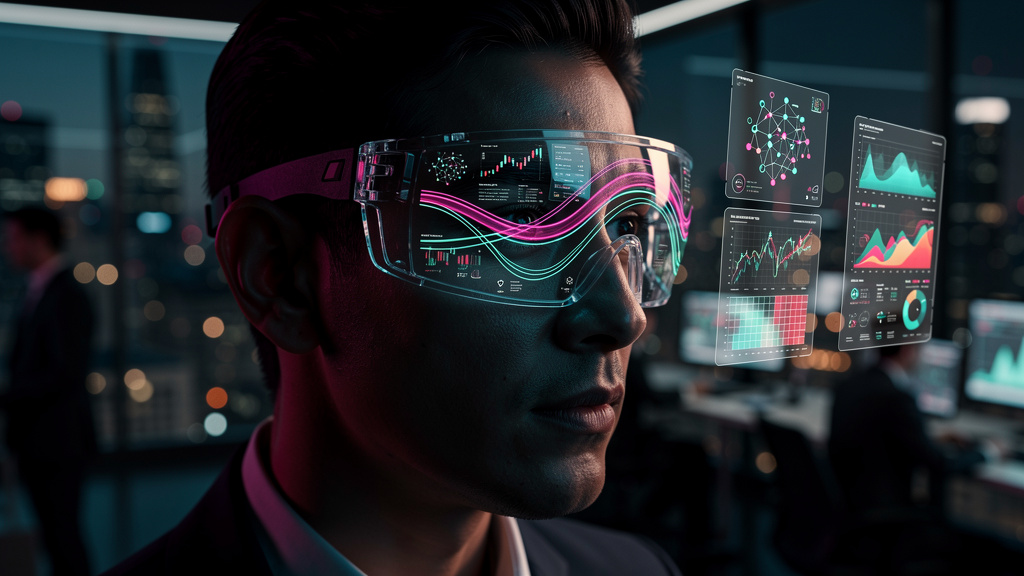 IA no Setor Financeiro: Transformação Digital e Resultados — Um profissional de investimentos usando um headset de realidade aumentada. As lentes do headset mostram sobreposições de dados financeiros
