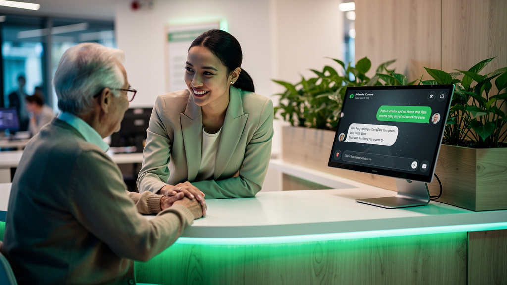 IA no Setor Financeiro: Transforme Atendimento e Vendas — Um atendente de banco, sorrindo e atendendo um cliente idoso. Ao lado do atendente, um monitor exibe um chatbot da Toolzz respondendo a pergun