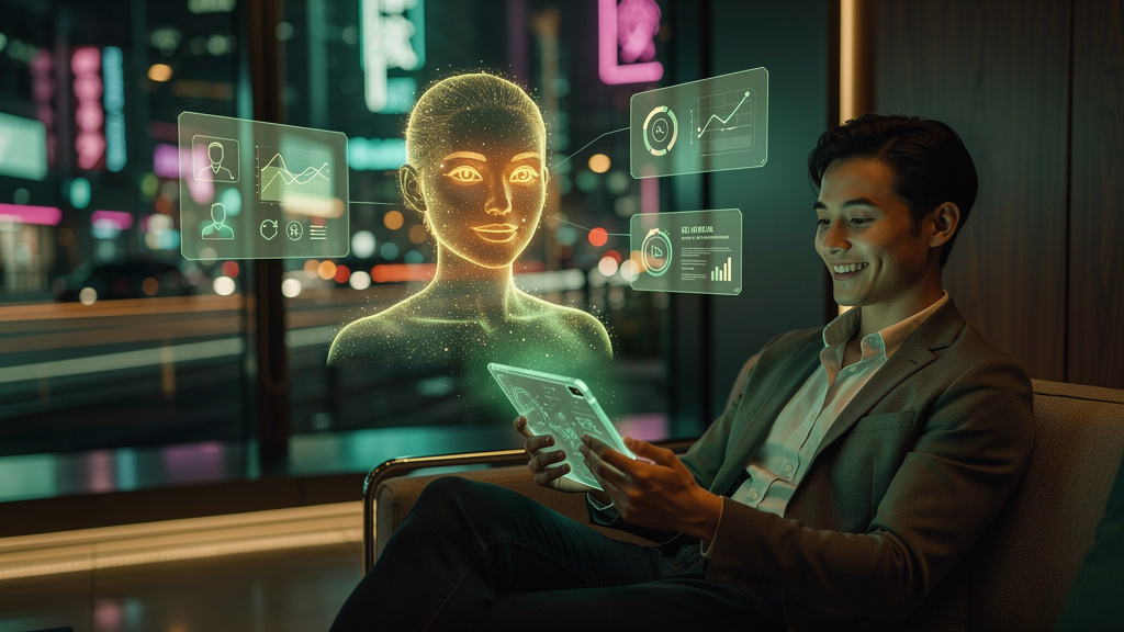 IA no Setor Financeiro: Transforme Atendimento e Vendas — Um chatbot de atendimento ao cliente representado como uma projeção holográfica amigável interagindo com um cliente através de um tablet. O cl