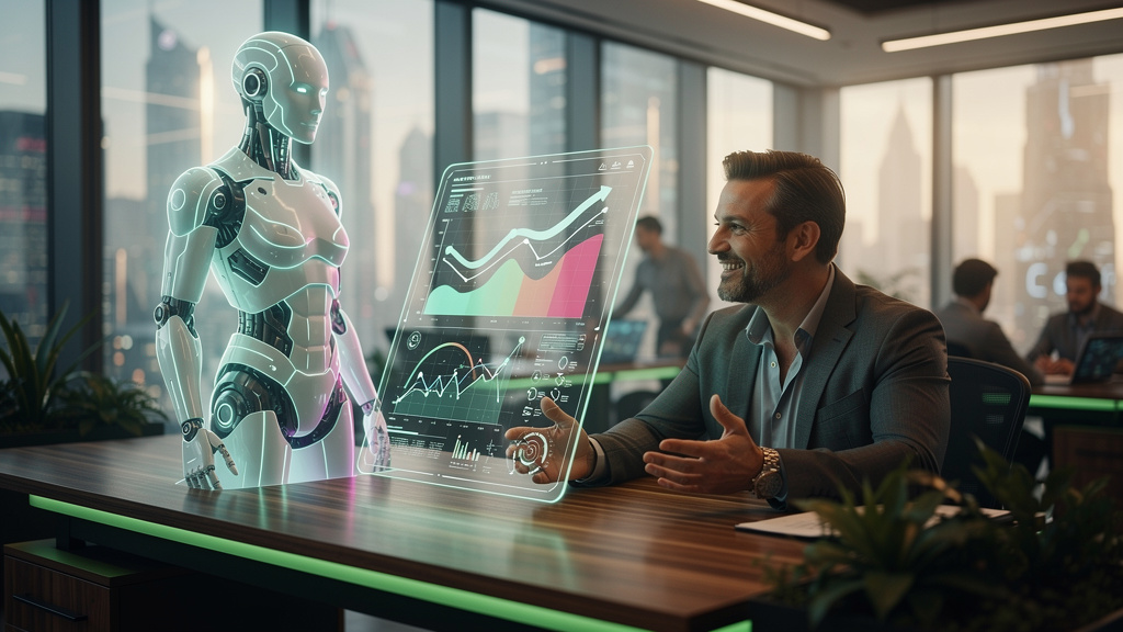 IA no Setor Financeiro: Transforme Atendimento e Vendas — Uma cena em um escritório moderno e iluminado, onde um agente de IA holográfico da Toolzz, com o logo da Toolzz sutilmente integrado em seu de