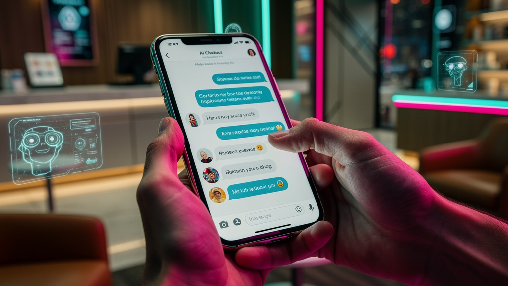 IA no Setor Privado: Como a Automação Redefine o Atendimento — Um close-up estilizado das mãos de um cliente interagindo com um chatbot em um smartphone. A tela do celular exibe uma conversa amigável 