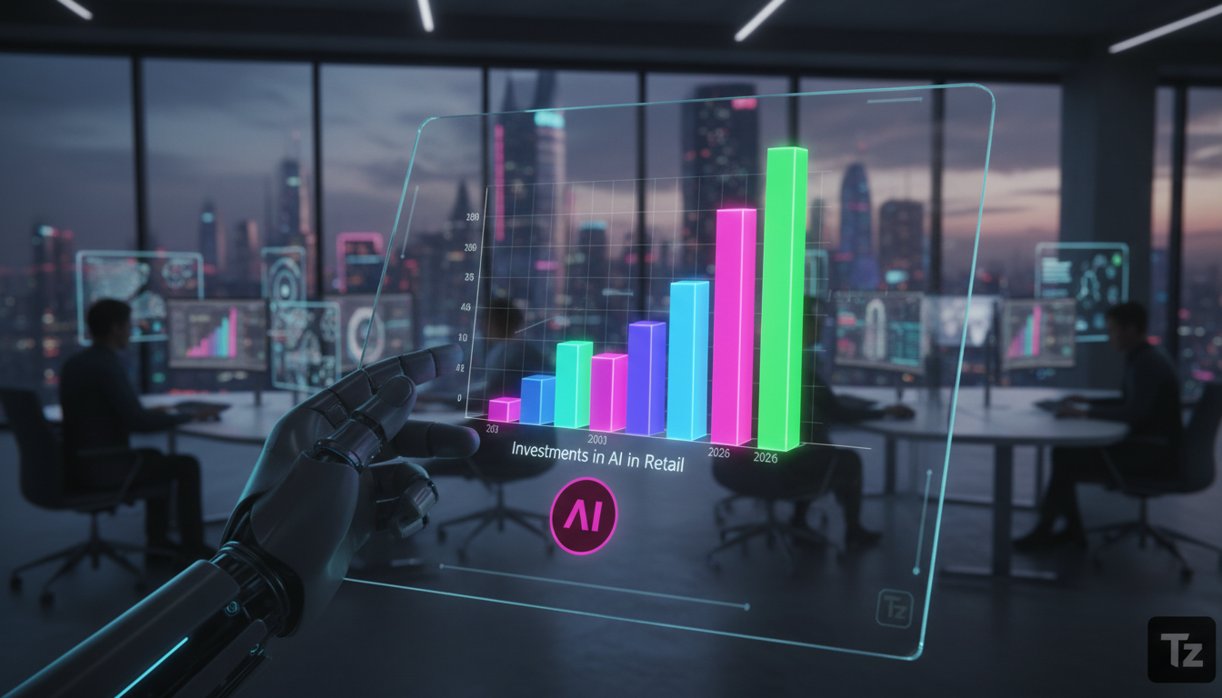 IA no Varejo: 90% das Empresas Aumentarão Investimentos em 2026 — Uma tela de tablet exibindo um gráfico de barras mostrando o aumento projetado nos investimentos em IA no setor varejista até 2026. O 