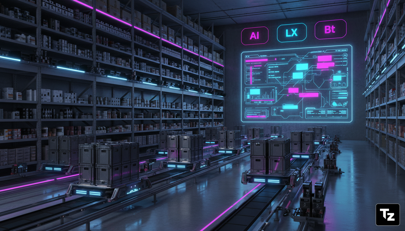 IA no Varejo: Como Ganhar Eficiência e Produtividade — Um armazém de varejo altamente automatizado com robôs movendo caixas e prateleiras cheias de produtos. Um sistema de gerenciamento de estoque bas