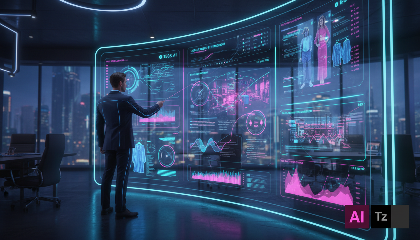 IA no Varejo: Personalização e a Nova Experiência do Cliente — Um executivo de varejo em uma sala de reunião moderna, apontando para um dashboard que exibe dados de vendas e comportamento do cliente e