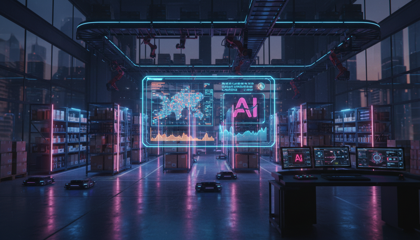 IA no Varejo: Tendências, Aplicações e o Futuro das Vendas — Um armazém de varejo altamente automatizado, com robôs movendo prateleiras de produtos. Um dashboard digital sobreposto à cena, mostrando d