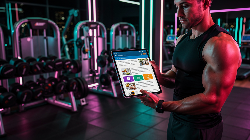 IA para Academias: Domine o Google e Reduza Custos em 90% — Close-up de um personal trainer usando um tablet com a interface do Agente AI de Blog da Toolzz. A tela mostra um rascunho de post de blog s