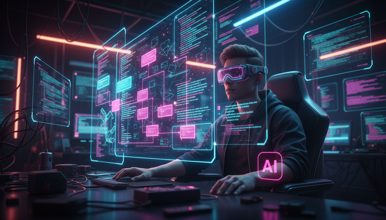 IA para automação de código: GitHub e Toolzz AI — Um desenvolvedor de software usando óculos de realidade aumentada, visualizando um complexo diagrama de fluxo de código em 3D. O diagrama é colorido e