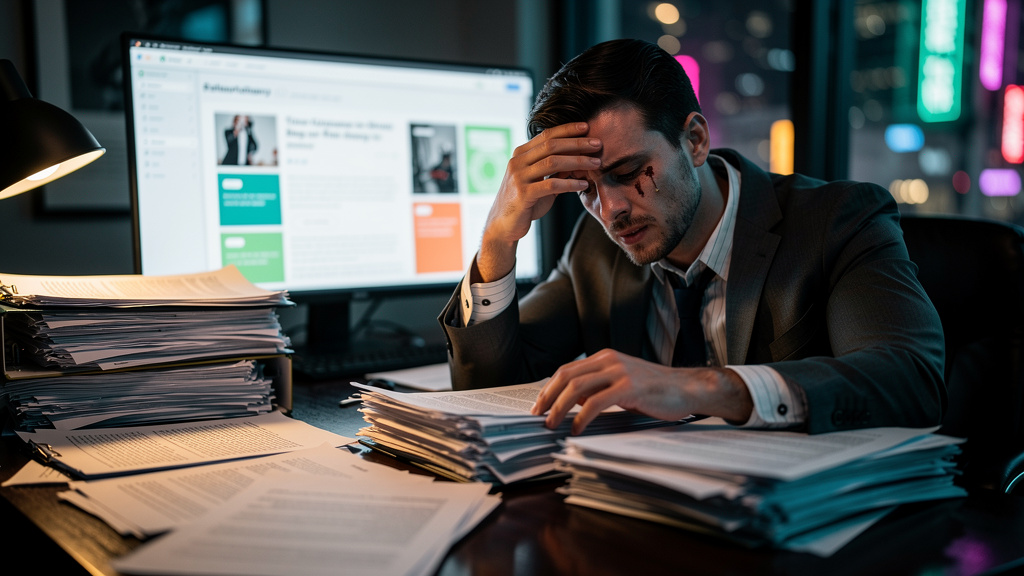 IA para Conteúdo SEO: Escale seu Escritório de Advocacia — Close-up de um advogado exausto, com olheiras e uma pilha de documentos legais transbordando de sua mesa. Ao fundo, uma tela de computador ex