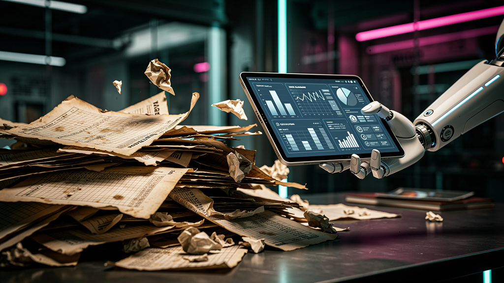 IA para Criar Orçamento: Guia Completo para Empresas — Um close-up dramático de uma pilha de planilhas de orçamento antigas e desorganizadas, prestes a serem varridas por um braço robótico elegante e