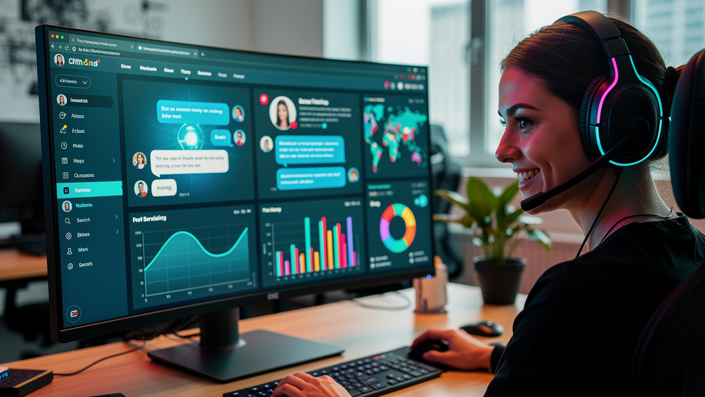 IA para CRM: O Guia Completo para Otimizar sua Gestão — Um atendente de suporte ao cliente usando um headset, sorrindo enquanto interage com um chatbot da Toolzz em sua tela. O chatbot exibe o logo da