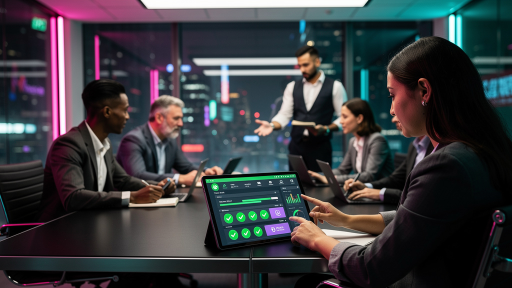 IA para CRM: O Guia Completo para Otimizar sua Gestão — Uma equipe diversificada de profissionais de vendas e marketing reunidos em uma sala de reuniões moderna. Um deles está usando um tablet com a i