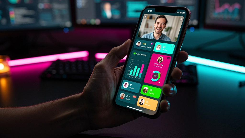 IA para CRM: Otimize a Gestão e Impulsione Vendas — Close-up de uma mão segurando um smartphone que exibe um painel de CRM com gráficos e dados de clientes. A tela do smartphone reflete o rosto sorrid