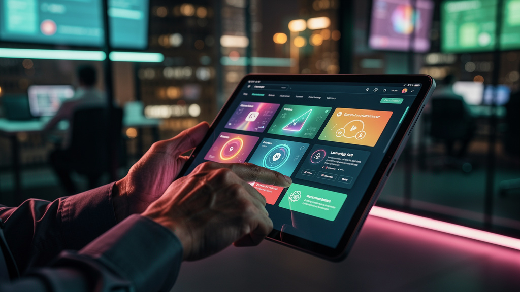 IA para Educação Corporativa resolve o engajamento definitivamente — Close-up das mãos de um colaborador utilizando um tablet. Na tela, um dashboard da Toolzz LXP exibe trilhas de aprendizado personal