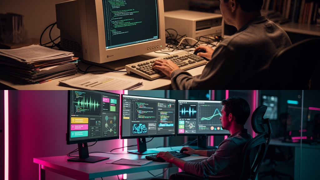 IA para Empresas: Autonomia, Agentes e o Futuro do Desenvolvimento — Infográfico comparando a evolução do desenvolvimento de software: No bloco superior, um terminal de computador antigo com um desenv