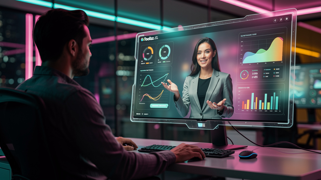IA para Empresas: Como a Inteligência Artificial Impulsiona Eficiência e Inovaçã — Um agente de IA da Toolzz, com a forma de um avatar amigável e profissional, interagindo com um cliente através de um